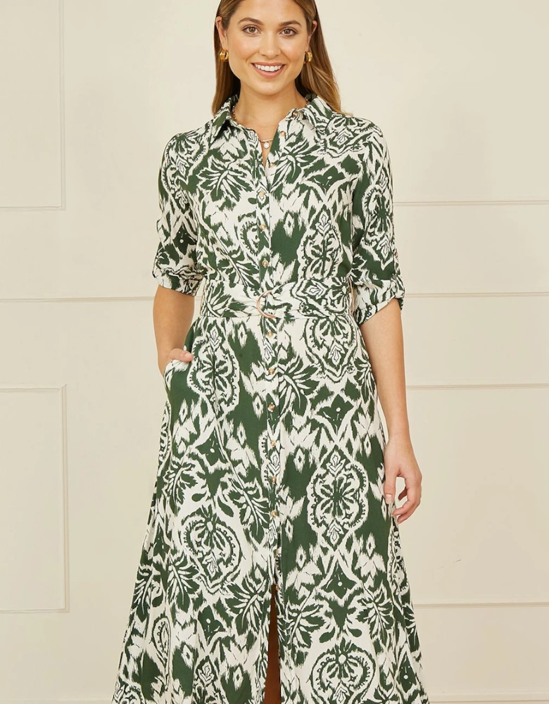Green Ikat Geo Print Midi Shirt Dress