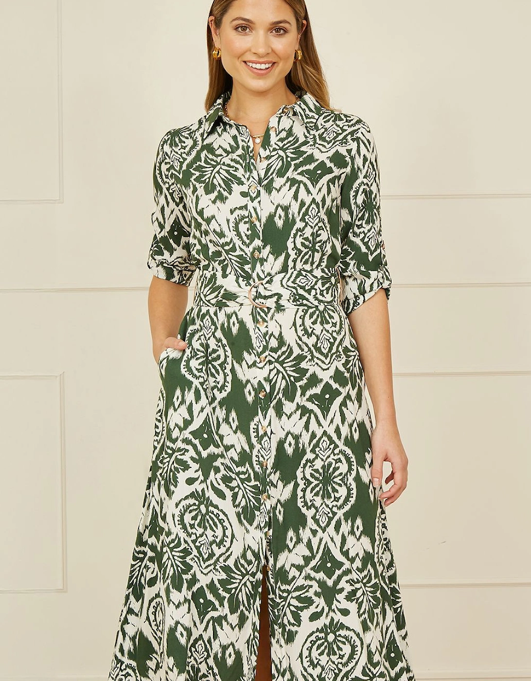Green Ikat Geo Print Midi Shirt Dress, 2 of 1