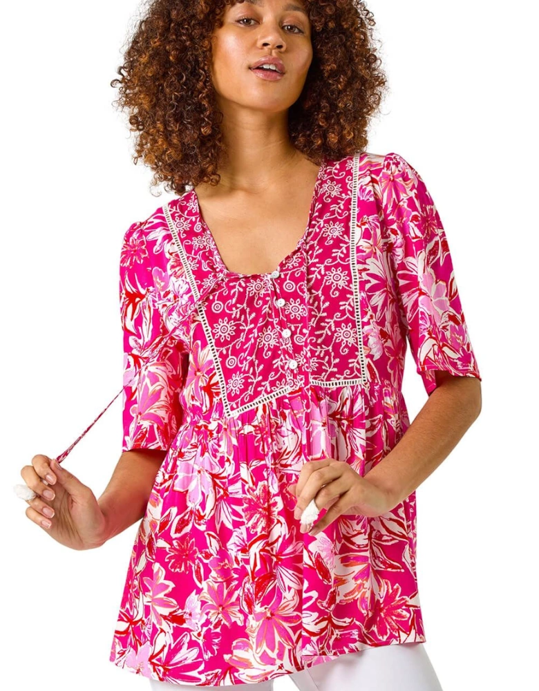 Abstract Floral Print Tassel Top