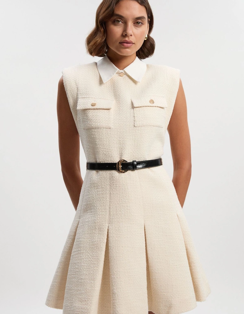 Textured Tweed Contrast Collar Pleated Tailored Mini Dress