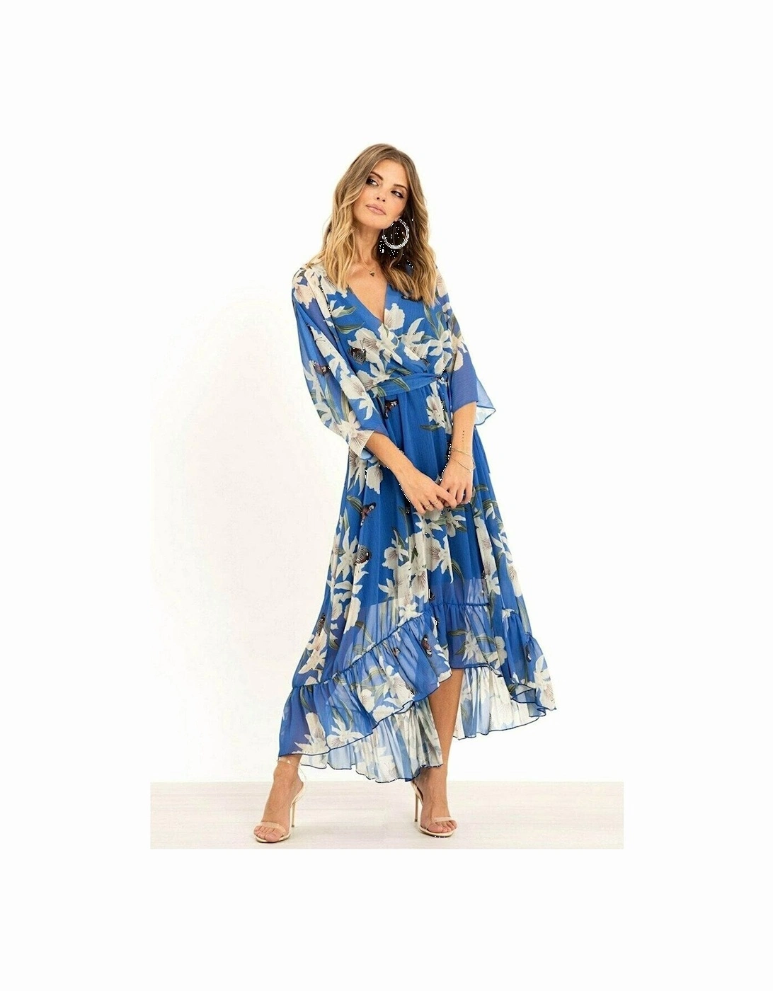 Blue Floral Kimono Sleeves Dip Hem Wrap Midi Dress, 2 of 1