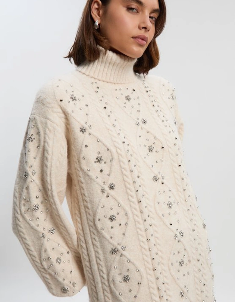 Wool Blend Embellished Cable Knit Jumper Mini Dress
