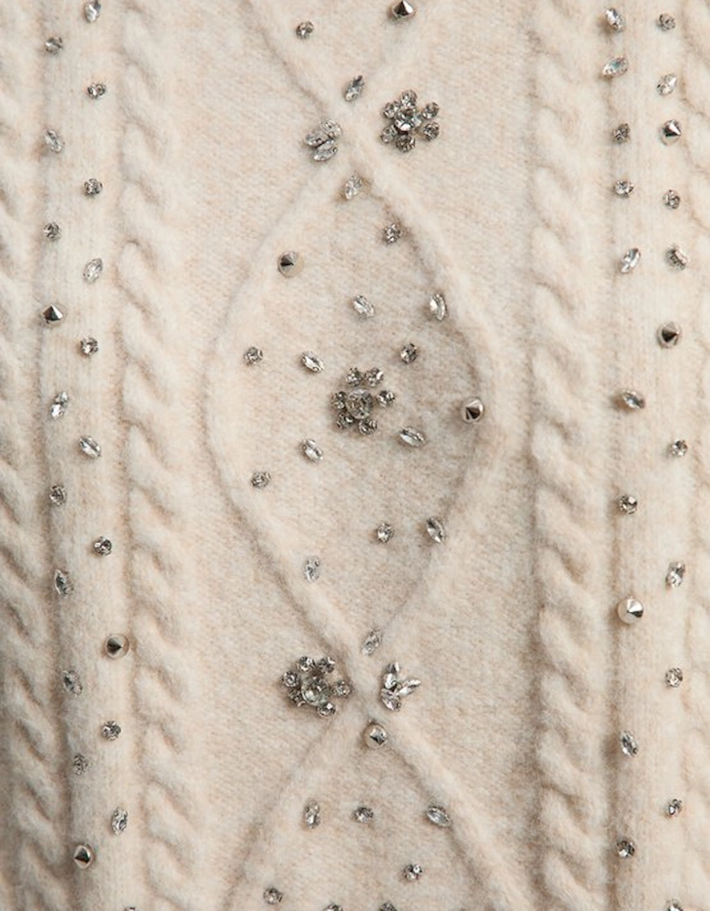 Wool Blend Embellished Cable Knit Jumper Mini Dress