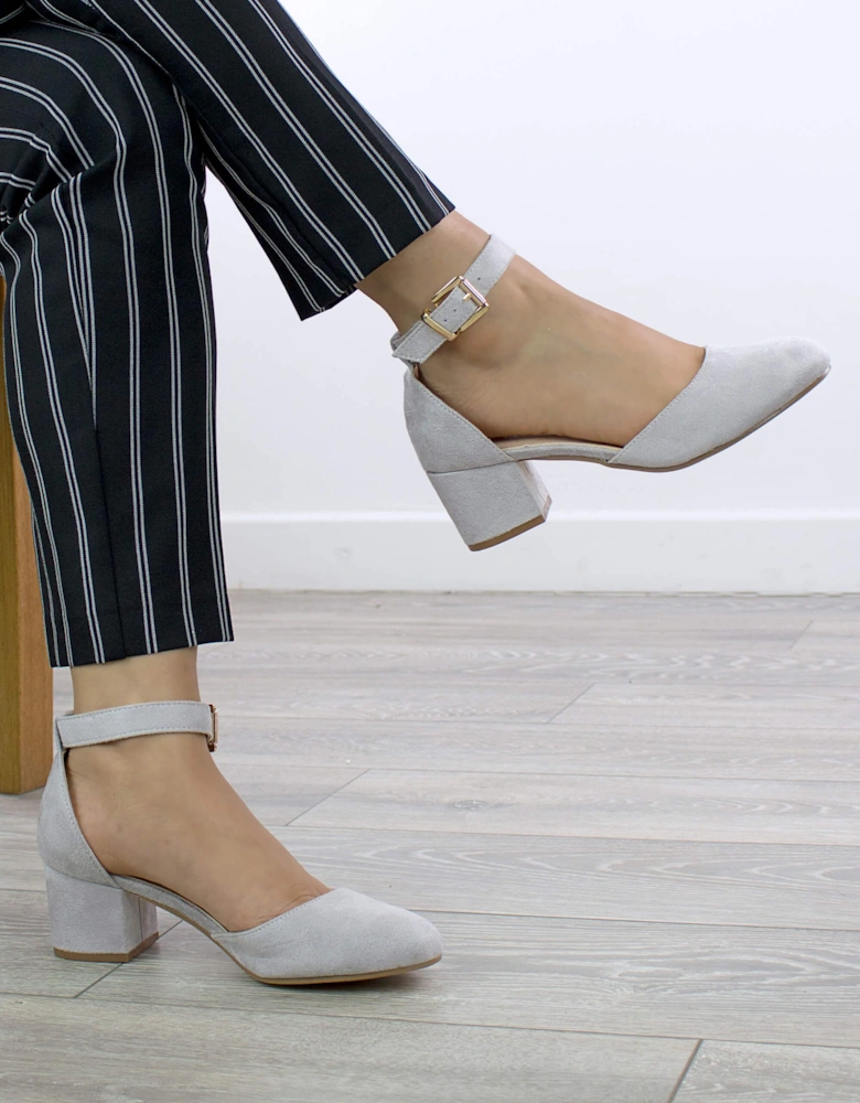 Mid Block Heel Buckle Ankle Strap Faux Suede Heeled Sandals