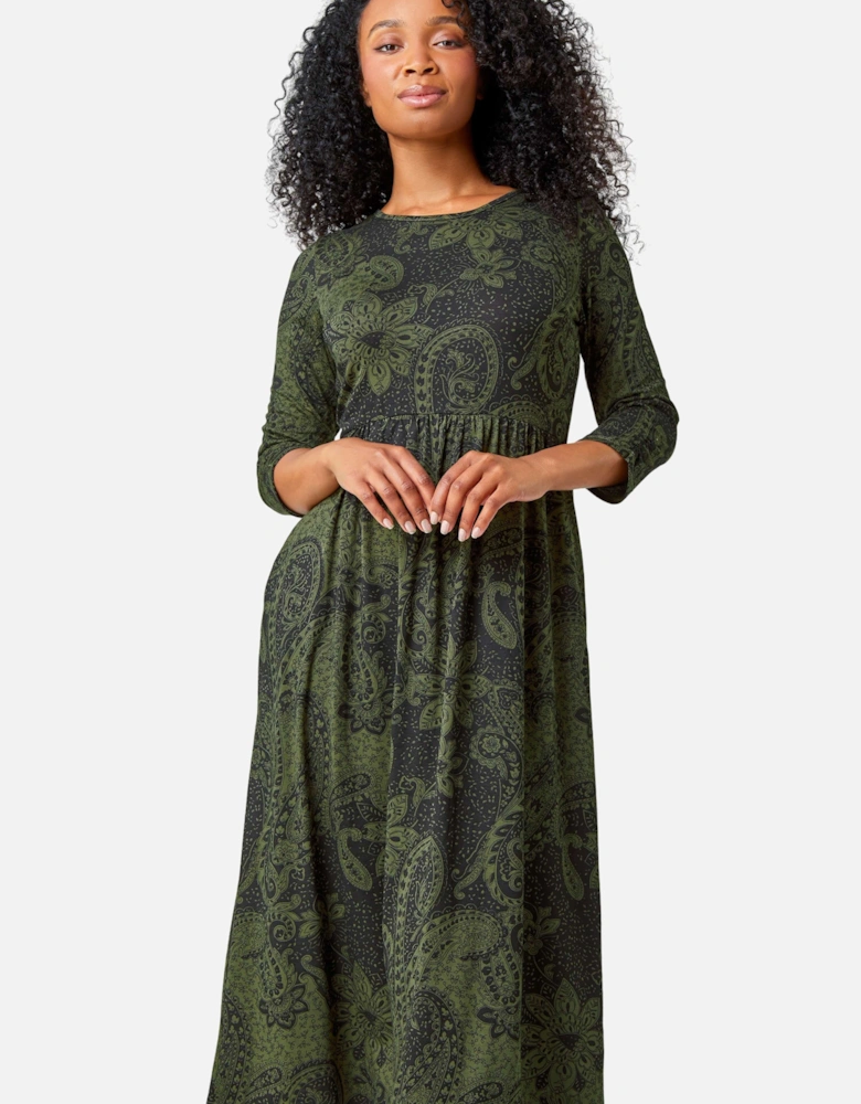 Petite Paisley Print Midi Stretch Dress