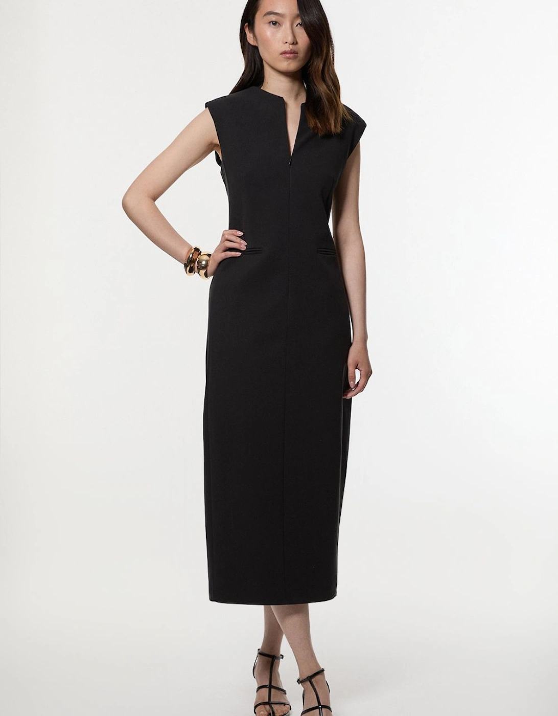 Compact Stretch Zip Through Tailored Pencil Midi Dress, 2 of 1