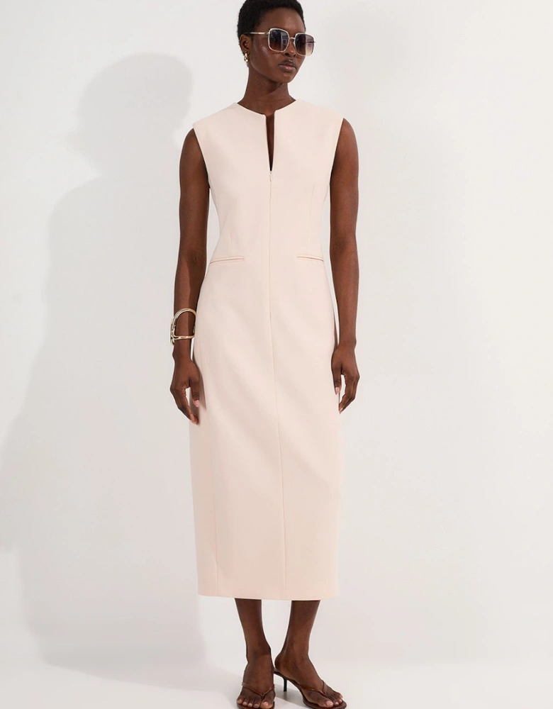 Compact Stretch Zip Through Tailored Pencil Midi Dress