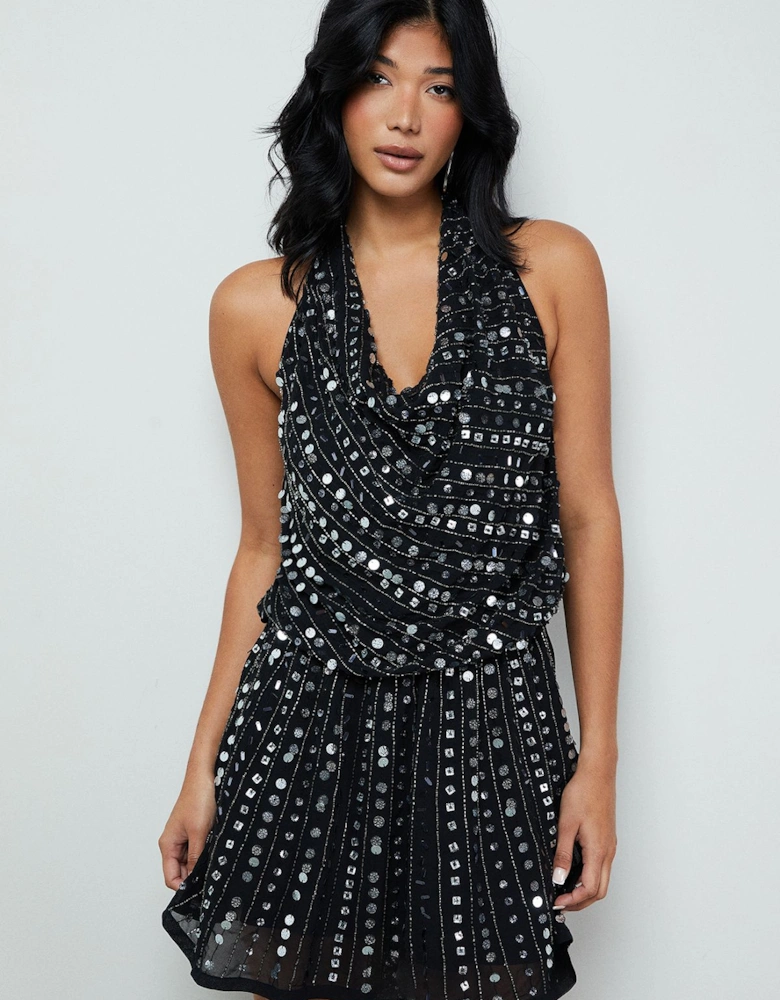 Premium Hand Embellished Sequin Cowl Front Flippy Mini Dress