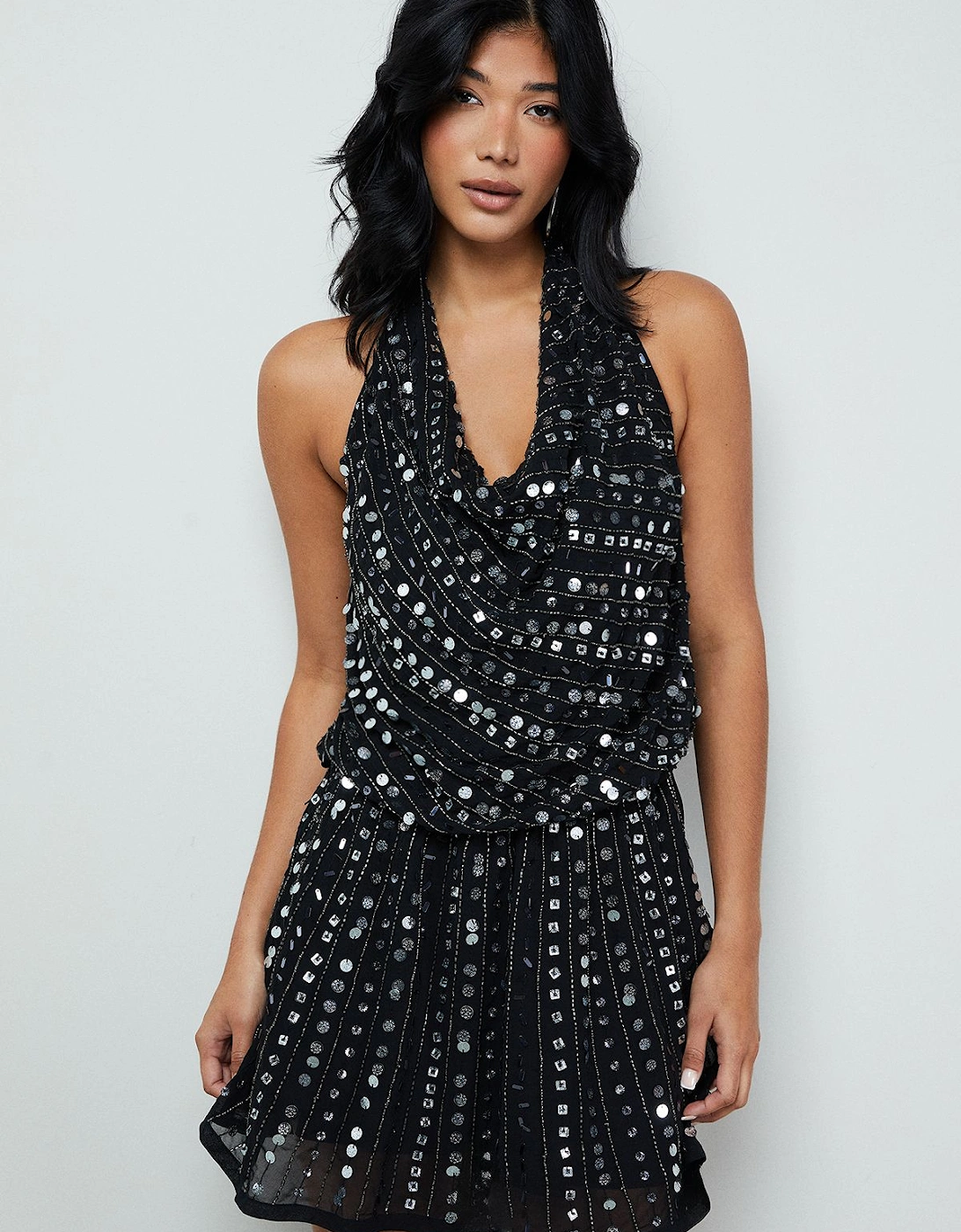 Premium Hand Embellished Sequin Cowl Front Flippy Mini Dress, 2 of 1