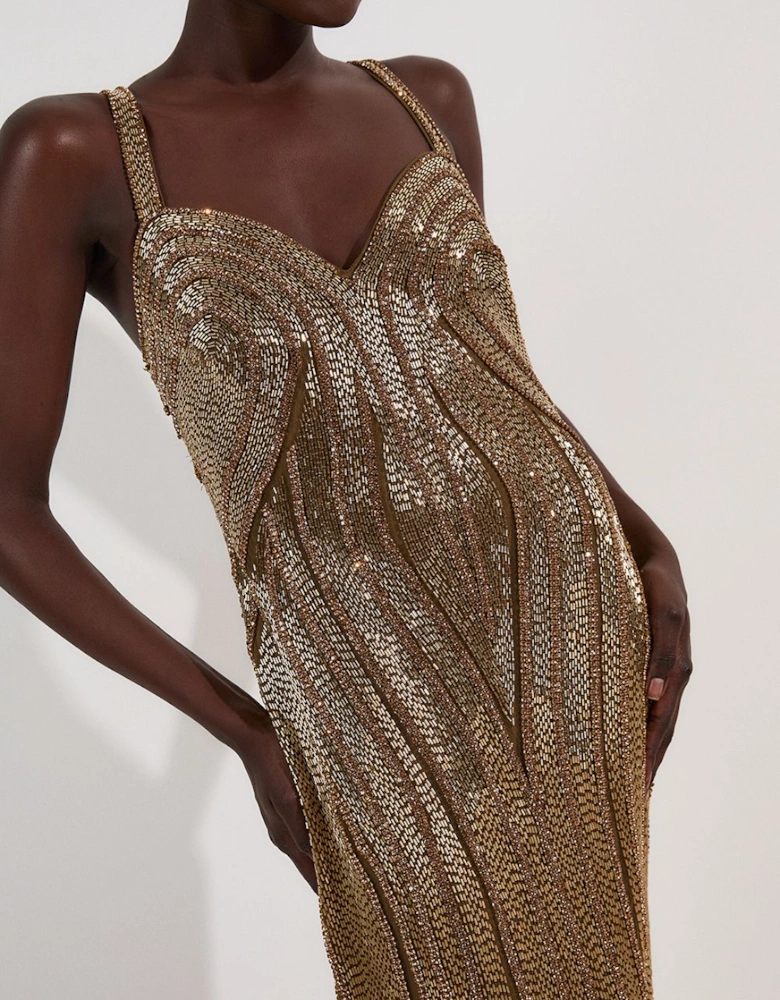 Petite Beaded Contour Sweet Heart Neckline Woven Maxi Dress