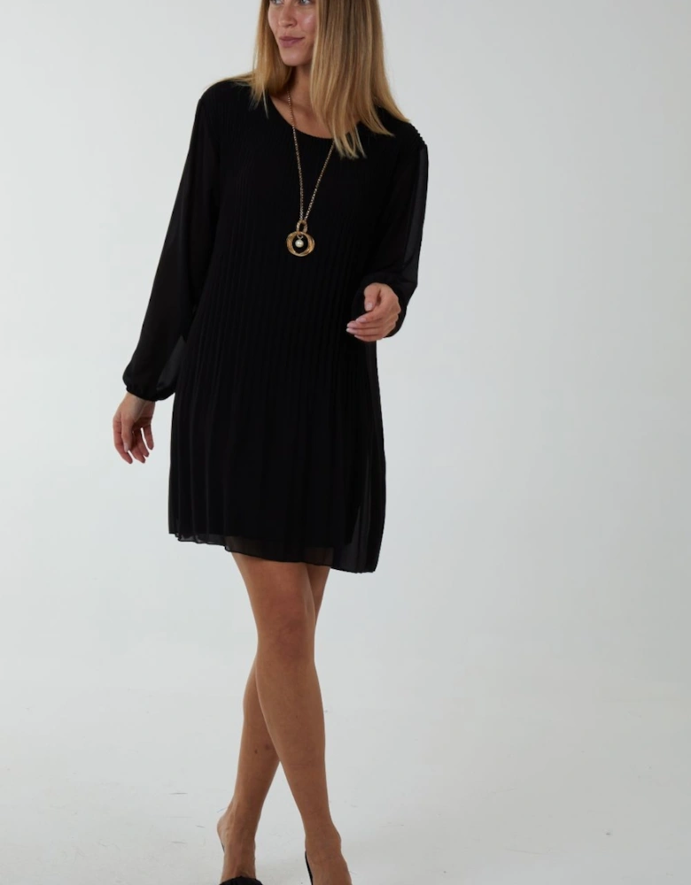 Long Sleeeve Pleated Shift Dress