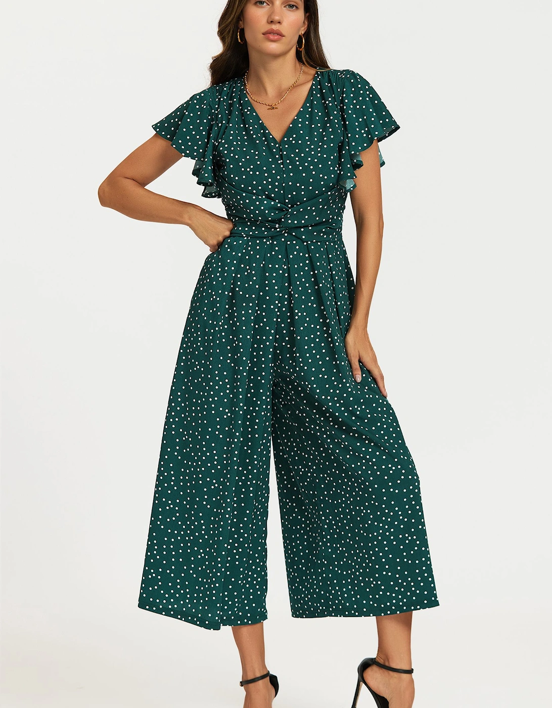 Polka Dot Angel Sleeve Twist Jumpsuit In Green, 2 of 1