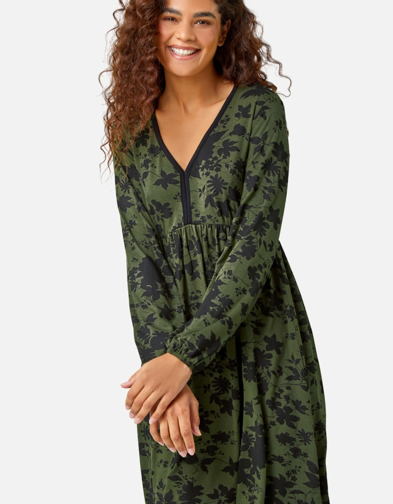 Floral Contrast Trim Stretch Dress