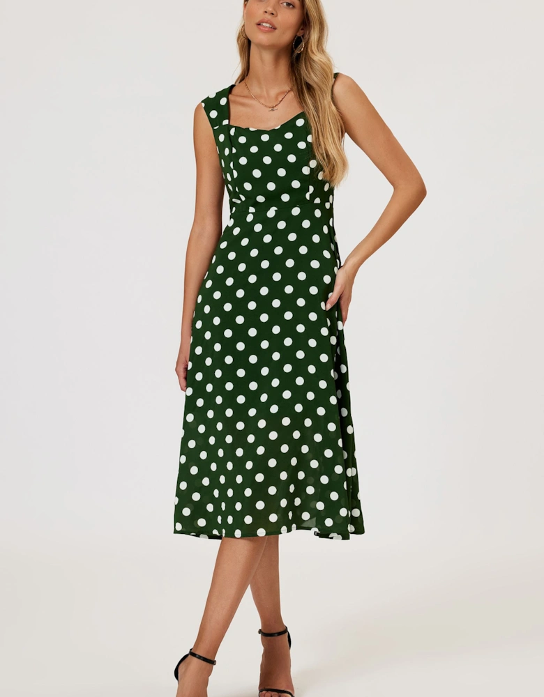 Polka Dot Print Heart Neck Midi Green