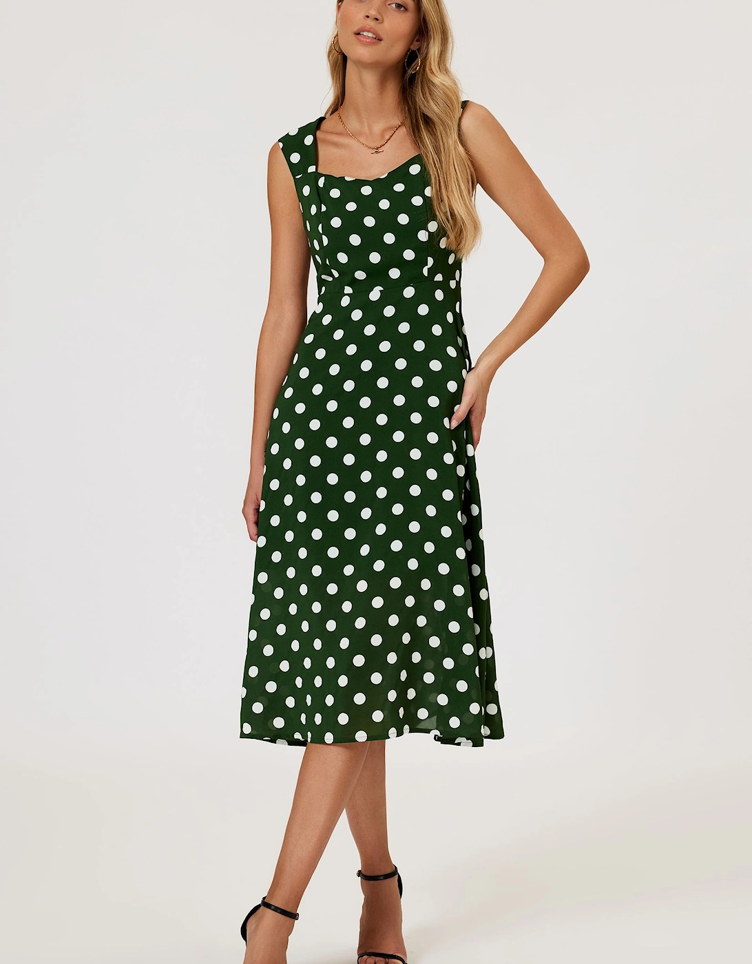 Polka Dot Print Heart Neck Midi Green, 2 of 1