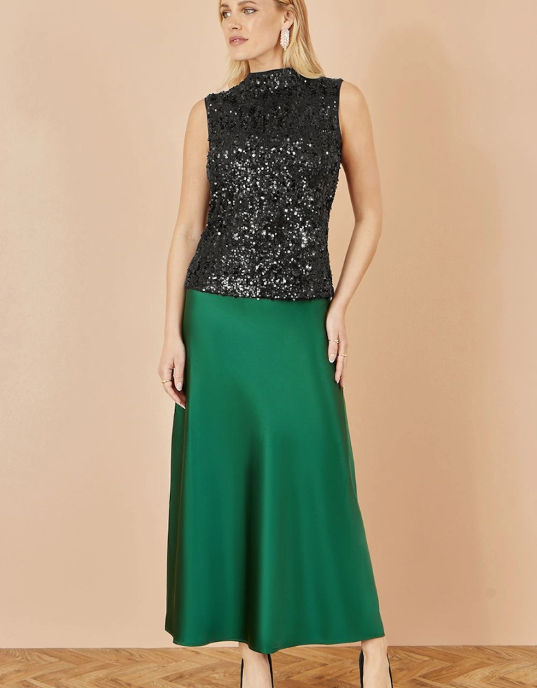Green Satin Midi Skirt
