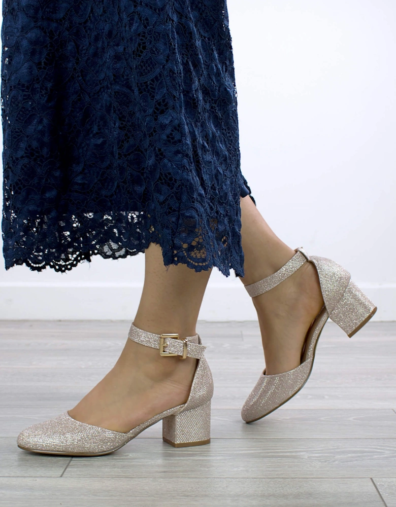 Mid Block Heel Buckle Ankle Strap Glitter Mesh Heeled Sandals