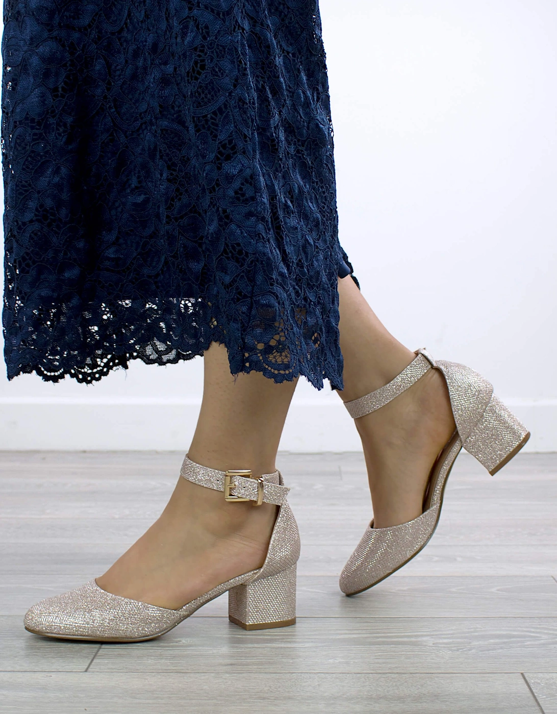 Mid Block Heel Buckle Ankle Strap Glitter Mesh Heeled Sandals, 2 of 1