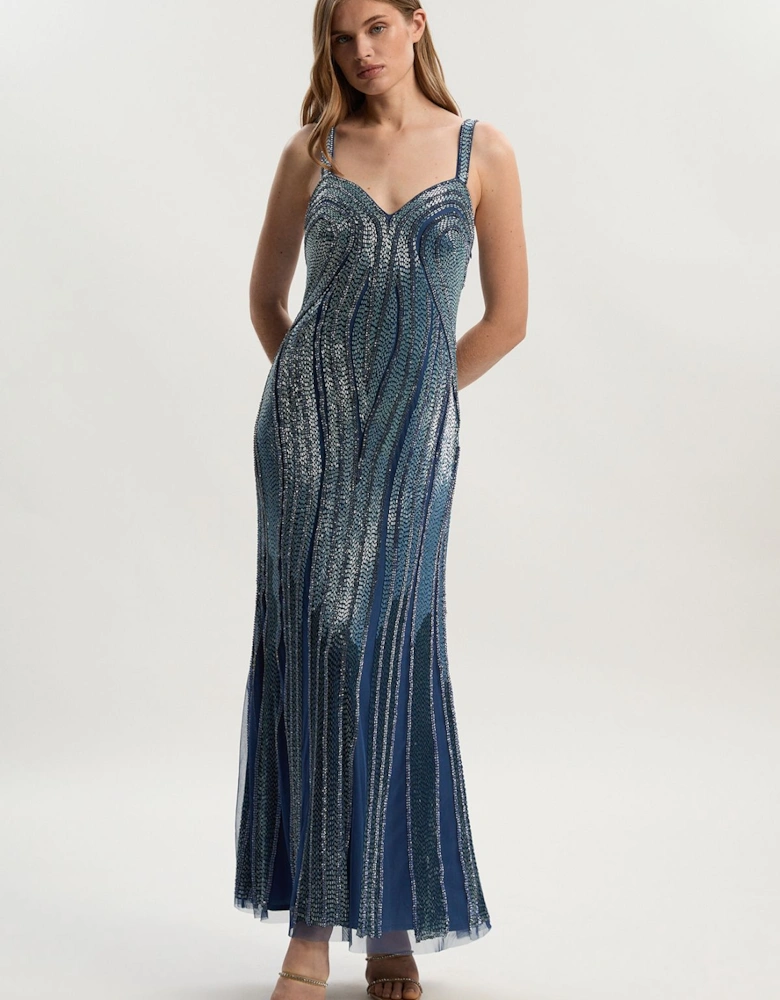 Beaded Contour Sweet Heart Neckline Woven Maxi Dress