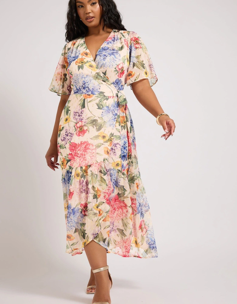 Floral Print Metallic Wrap Dress