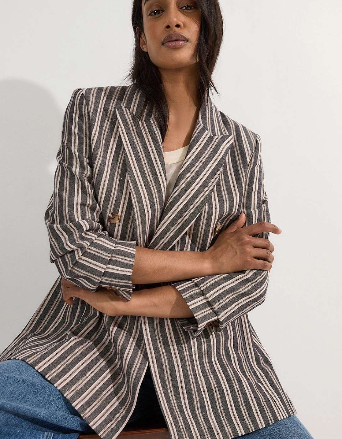 Linen Sparkle Stripe Tailored Double Breasted Jacket, 2 of 1
