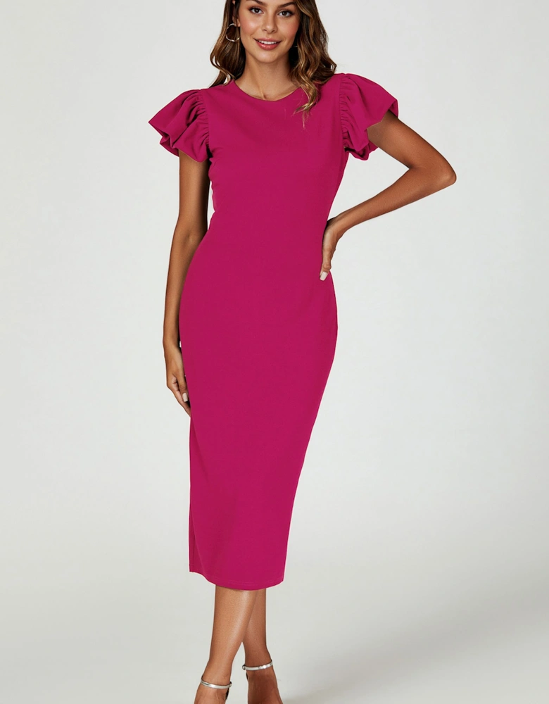 Ruffle Sleeve Bodycon Midi Dress in Pink