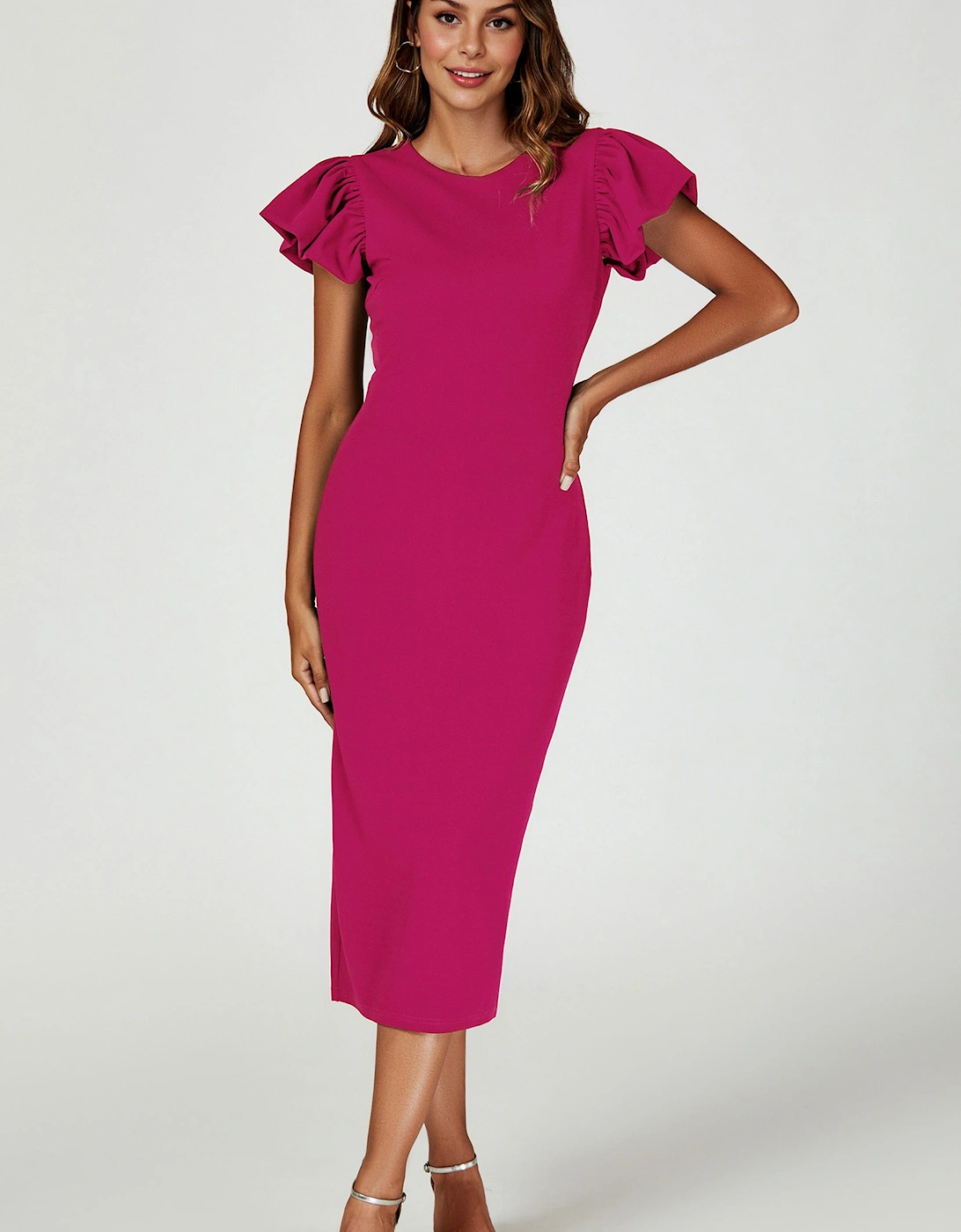 Ruffle Sleeve Bodycon Midi Dress in Pink, 2 of 1