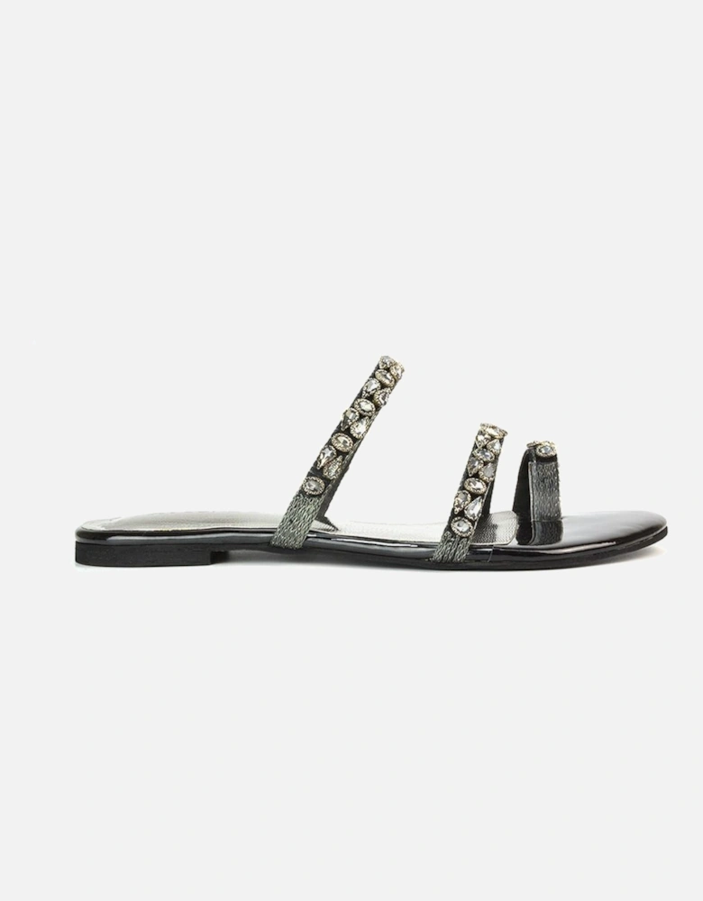 'Sammie' Flat Strappy Sparkly Crystal Slider Mule Sandal Shoes With Toe Post