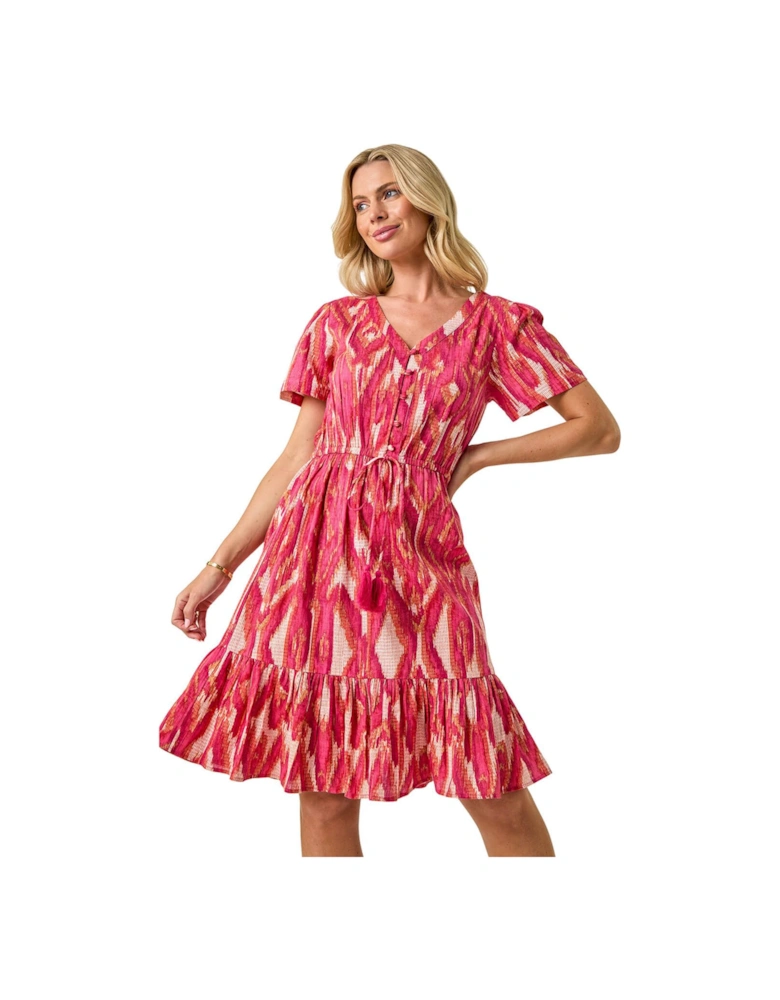Petite Ikat Print V-Neck Frill Hem Dress