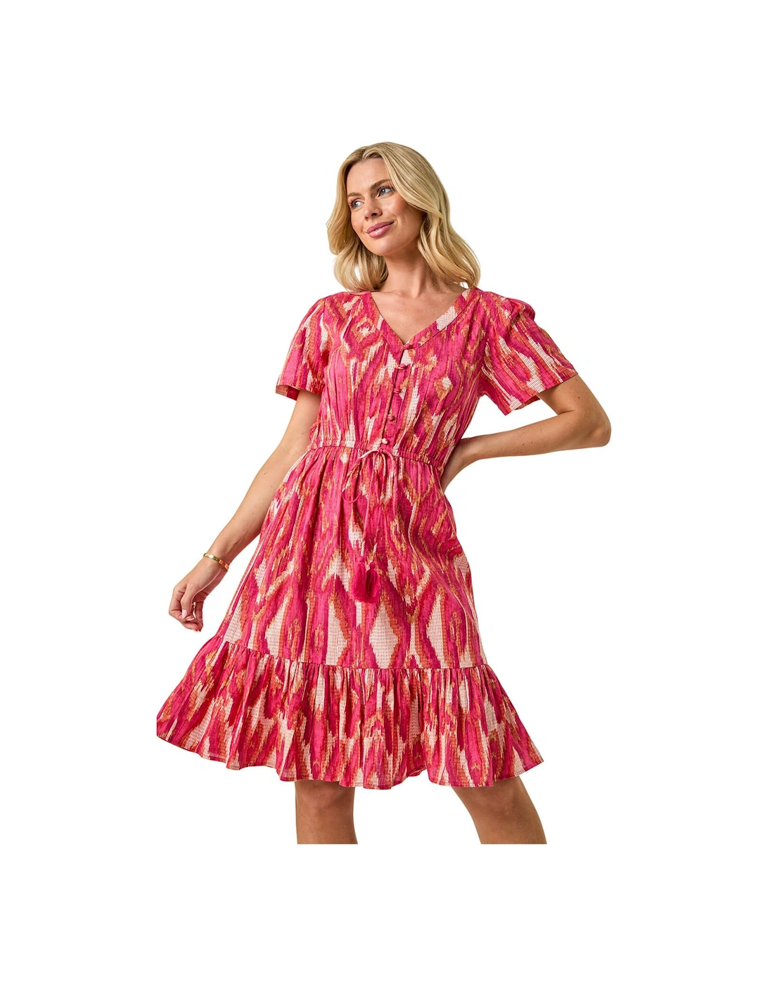 Petite Ikat Print V-Neck Frill Hem Dress, 2 of 1