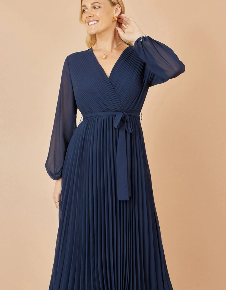 Navy Pleated Wrap Midi Dress With Sheer Long Sleeves