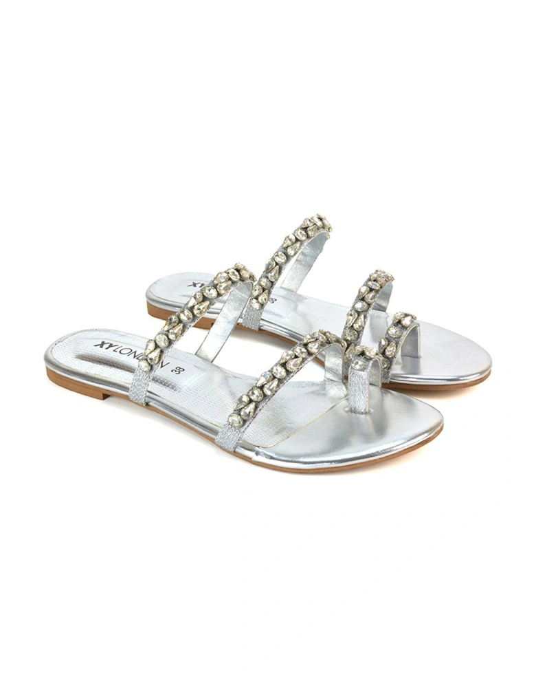 'Sammie' Flat Strappy Sparkly Crystal Slider Mule Sandal Shoes With Toe Post