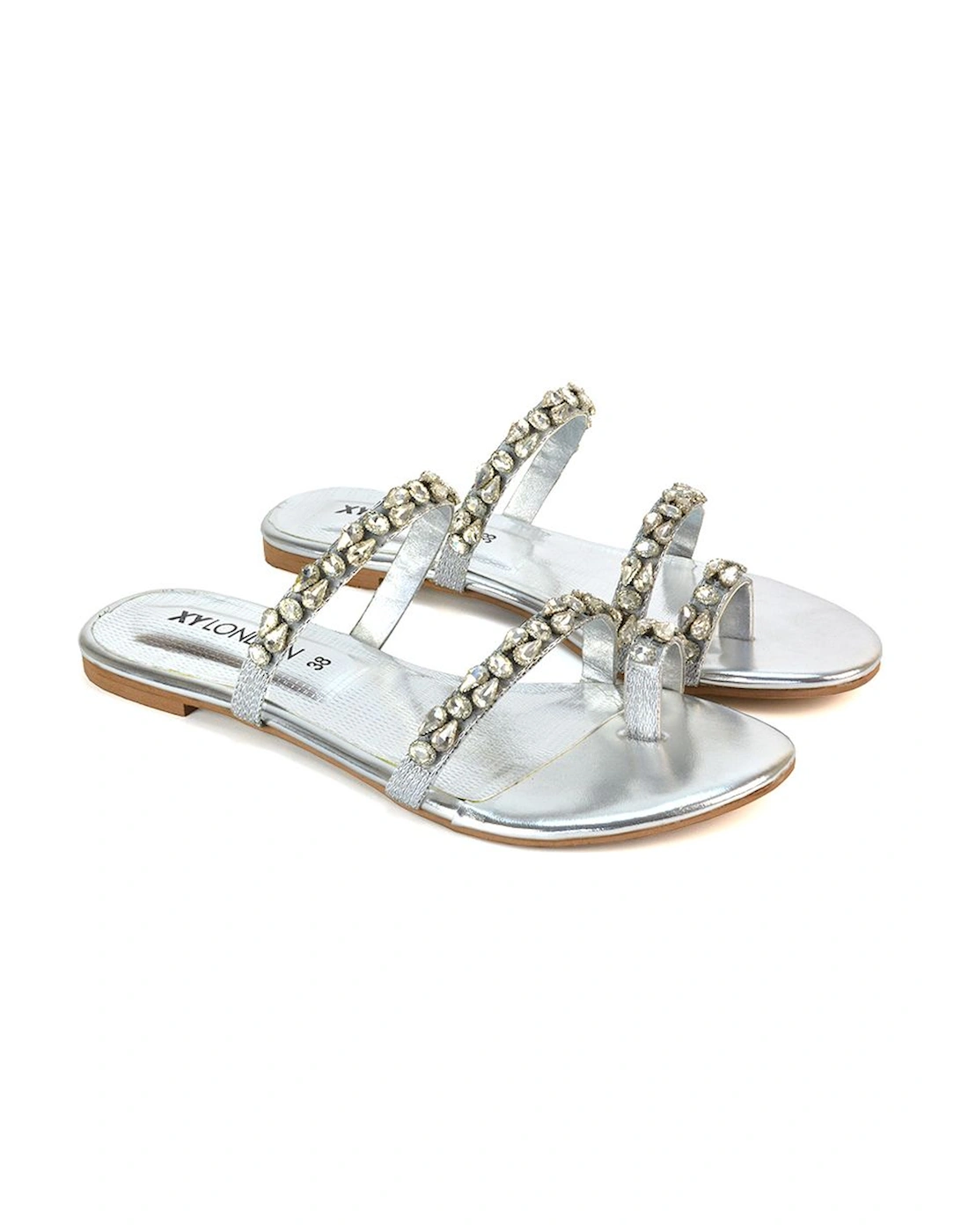 'Sammie' Flat Strappy Sparkly Crystal Slider Mule Sandal Shoes With Toe Post, 2 of 1