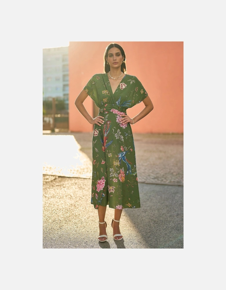 Green Bird and Floral Print Ruched Waist Kimono Midi Dress