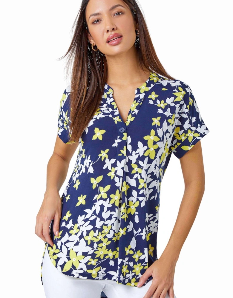 Floral Puff Print V-Neck Pleat Front Top