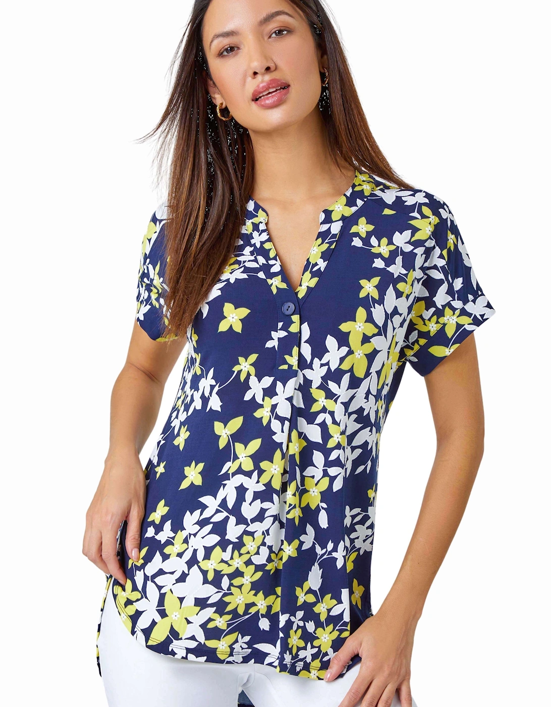 Floral Puff Print V-Neck Pleat Front Top, 2 of 1