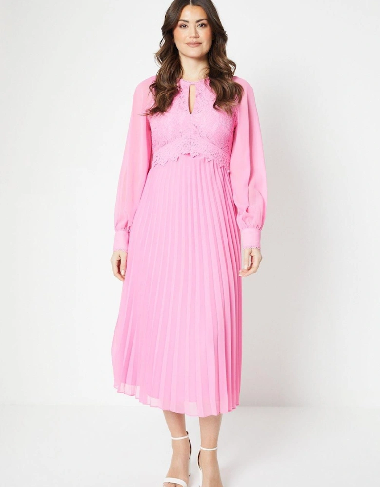 Occasion Lace Insert Pleated Midi Dress
