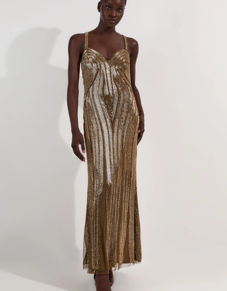 Beaded Contour Sweet Heart Neckline Woven Maxi Dress