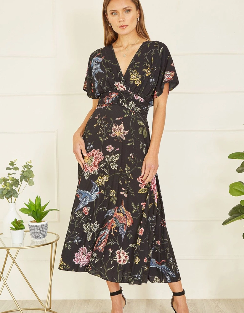 Black Viscose Bird and Floral Print Kimono Midi Dress