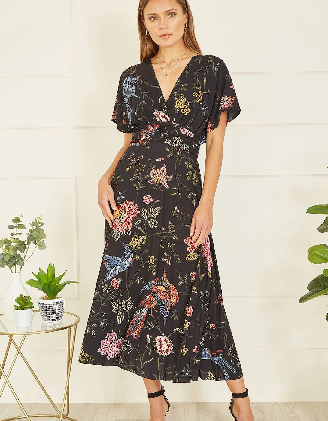 Black Viscose Bird and Floral Print Kimono Midi Dress, 2 of 1