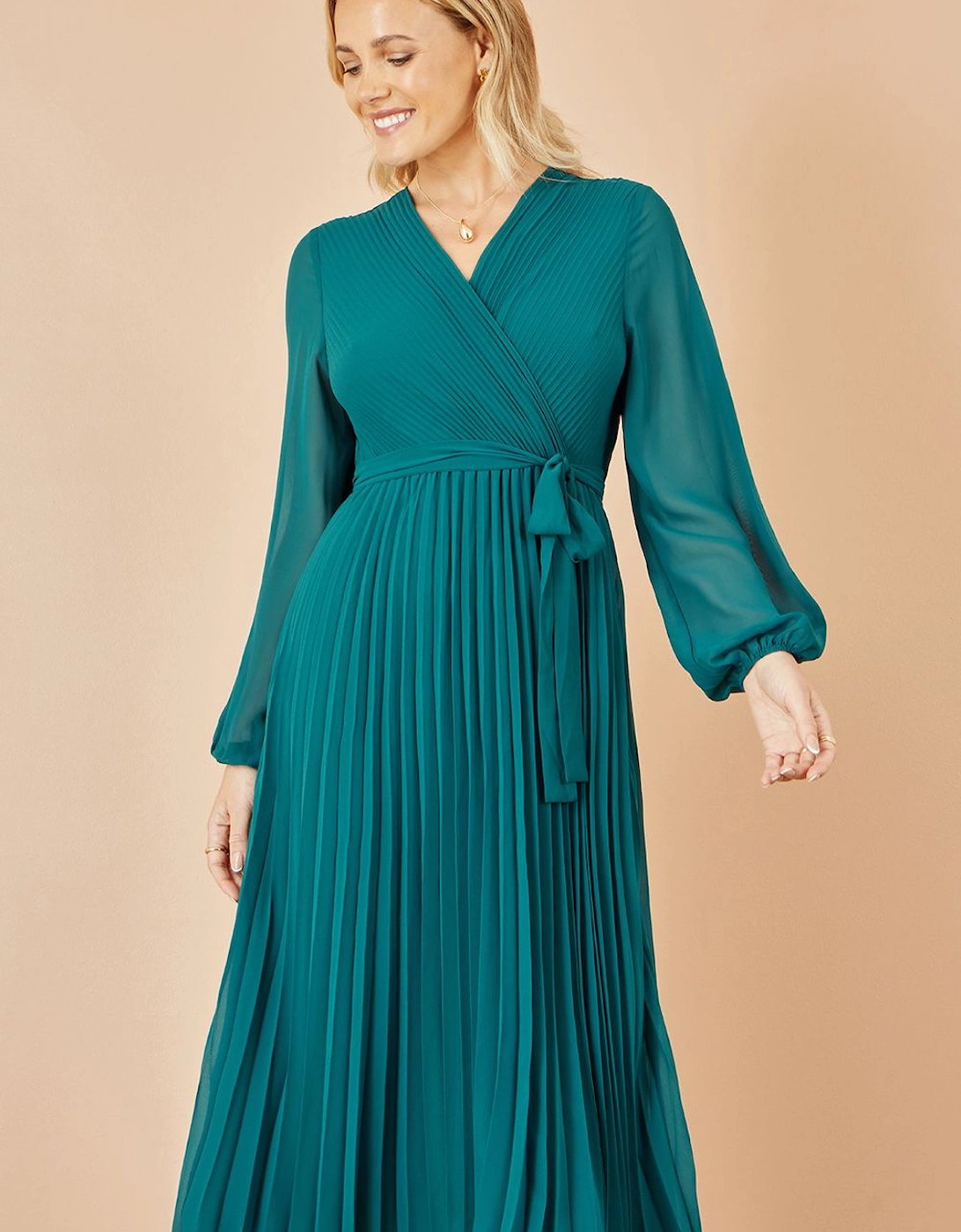Teal Pleated Wrap Midi Dress With Sheer Long Sleeves, 2 of 1