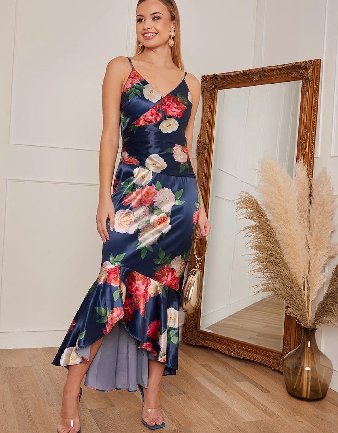 Petite Sleeveless Floral Print Ruffle Hem Midi Dress in Navy, 2 of 1