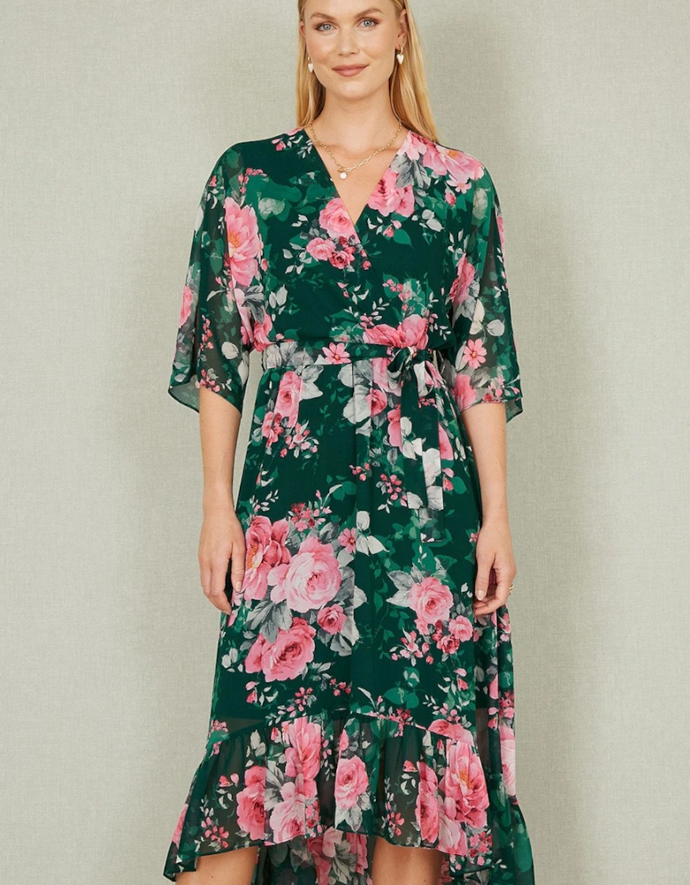Dark Green Kimono Sleeves Midi Dip Hem Wrap Midi Dress
