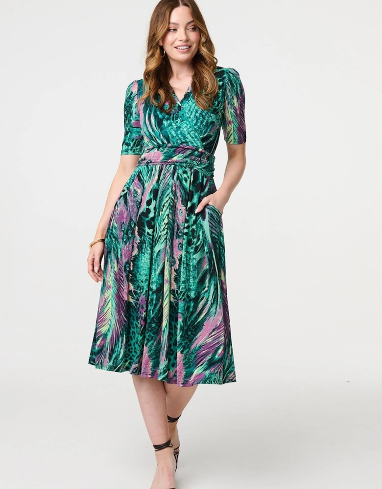 Feather Print 1/2 Sleeve Wrap Midi Dress