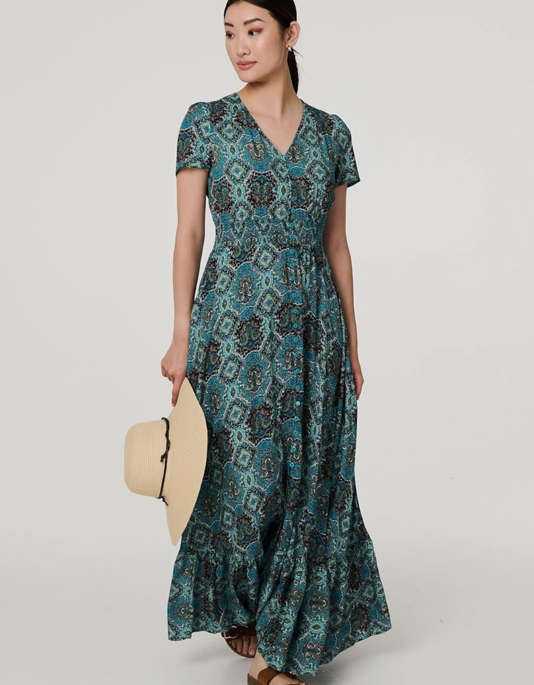 Mosaic Print Short Sleeve Smock Maxi Dress