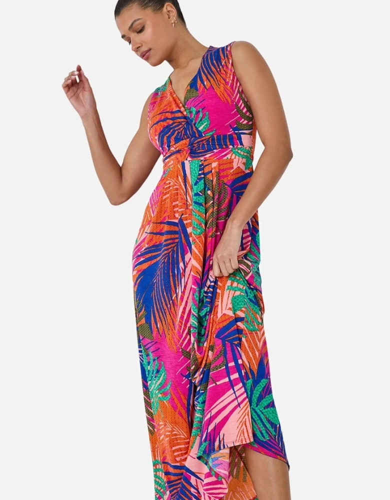 Tropical Gathered Stretch Wrap Maxi Dress