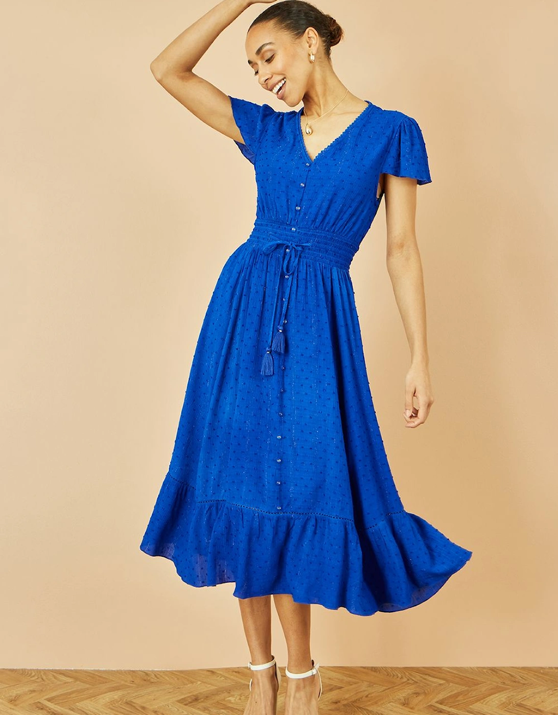 Blue Button Detail Midi Dress With Ruched Waist And Metallic Thread, 2 of 1
