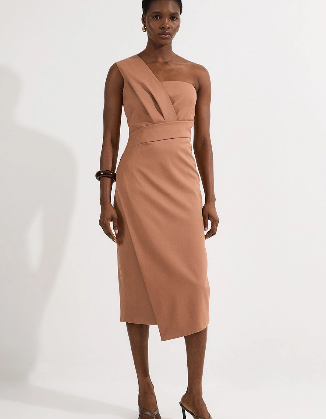 Petite Tailored One Shoulder Tuck Detail Pencil Midi Dress, 2 of 1