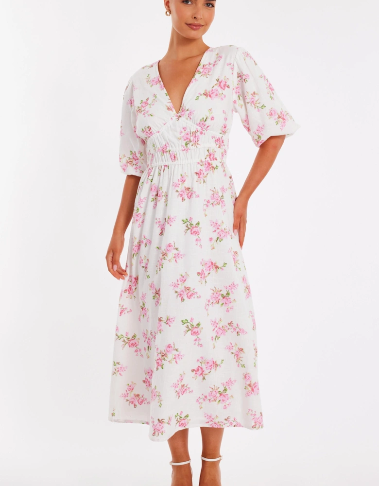 Pink Floral V-Neck Midi Dress