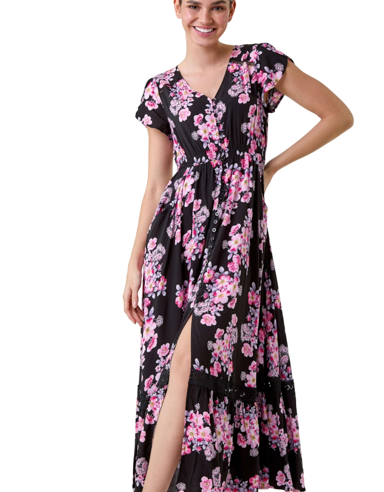 Floral Print Shirred Waist Maxi Dress
